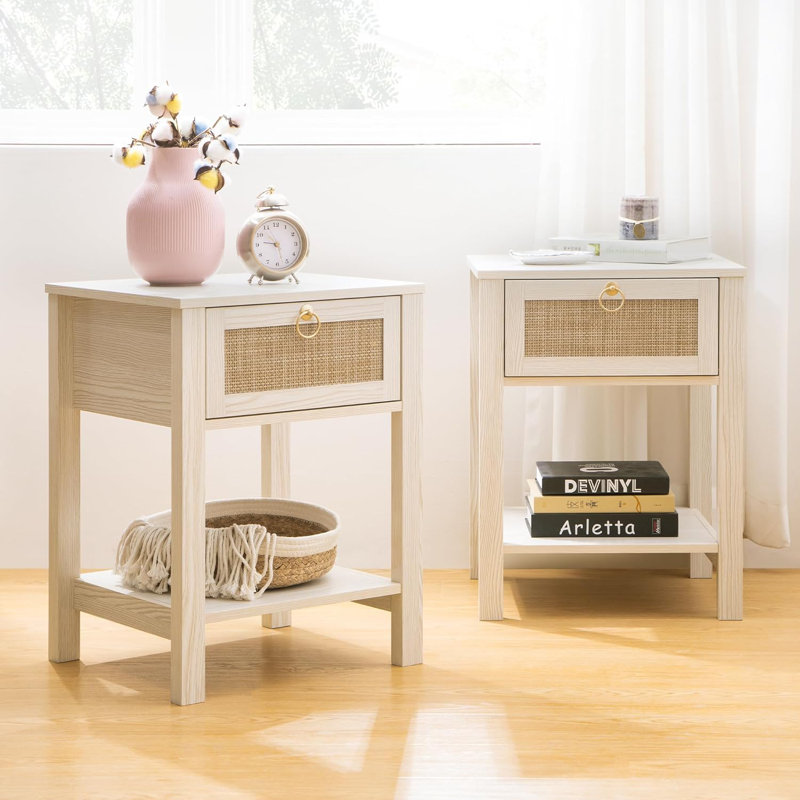Cedria White Nightstand Set of 2 Rattan Decor Drawer with Brass Knobs Night Stand Wood Bedside Table